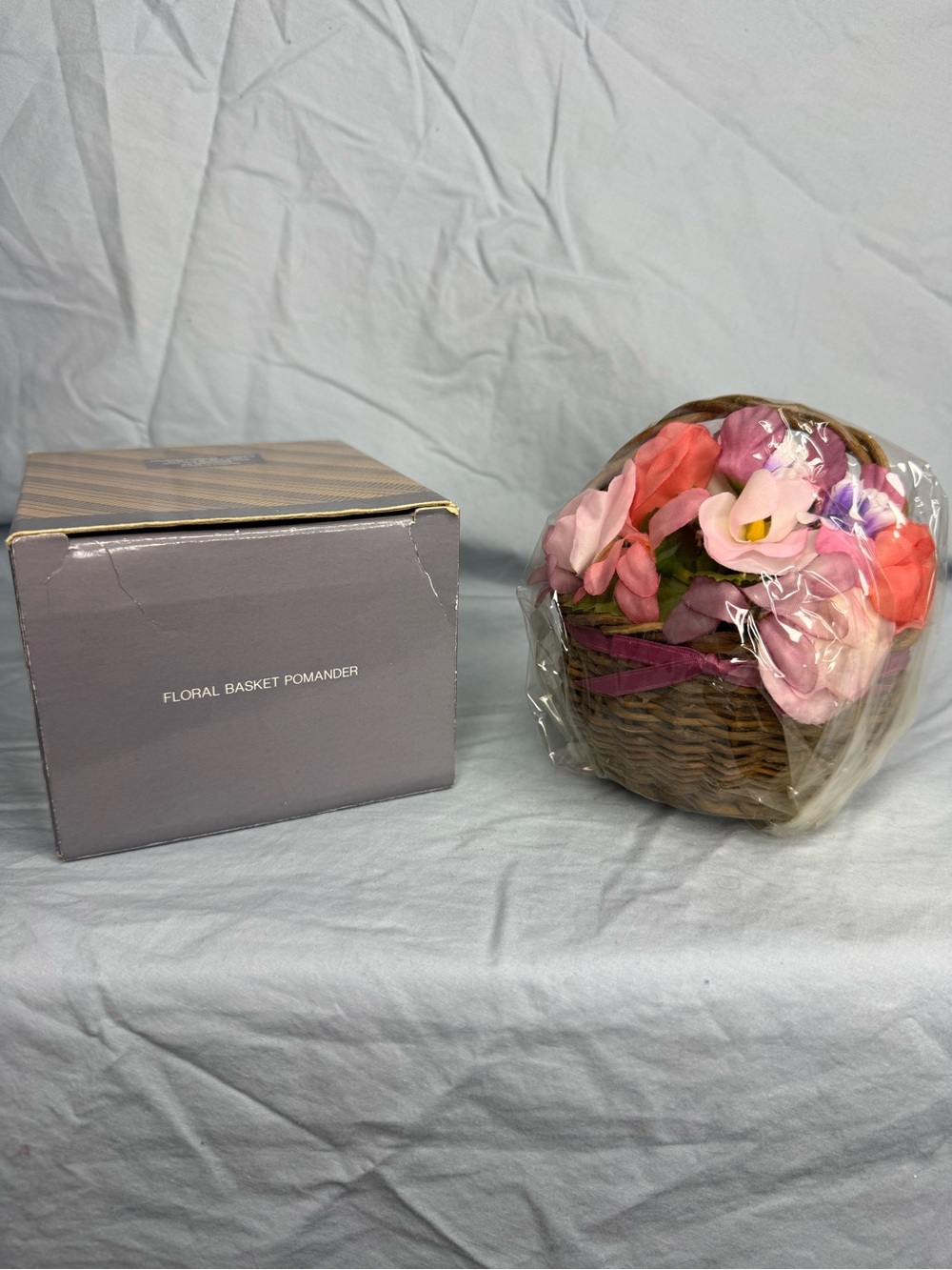 Sealed Avon Vintage Floral Basket Pomander – Pink/Silk Flowers
